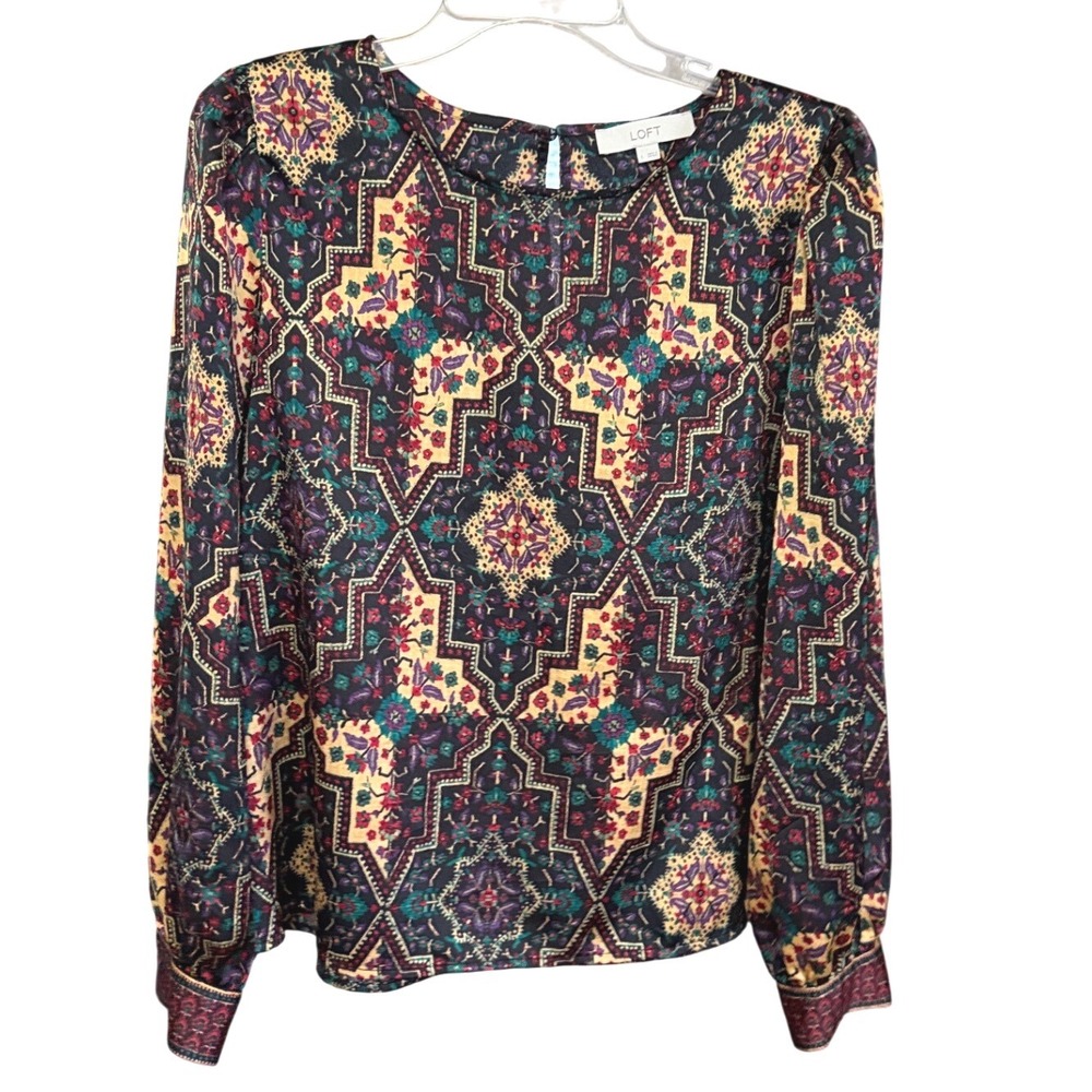 Loft Blouse Womens Large Multicolor Geometric Medallion Satin Puff Sleeve Boho